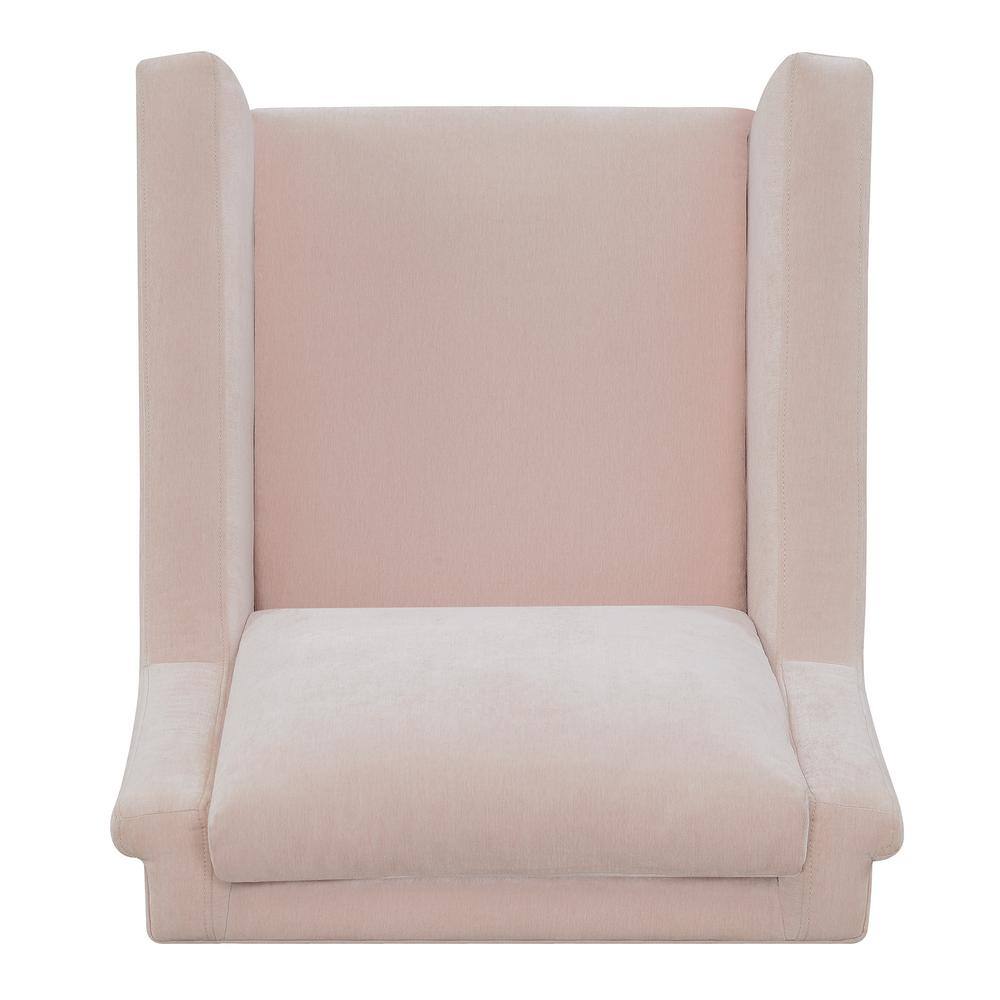 Front view of the blush pink fabric arm chair.