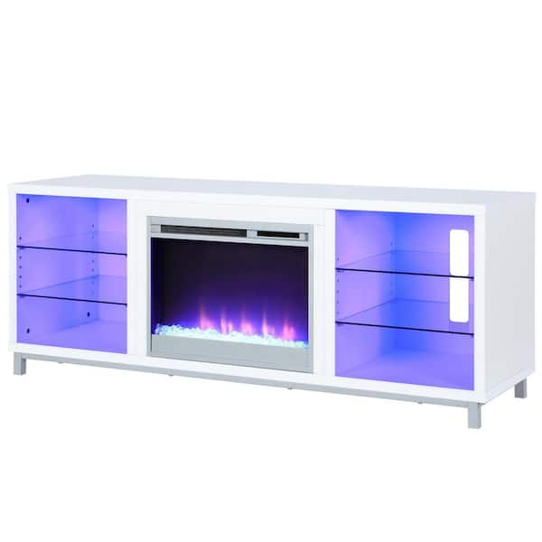 Ameriwood Home Cleavland 65 in. White Particle Board TV Stand Fits TVs Up to 70 in. with Electric Fireplace