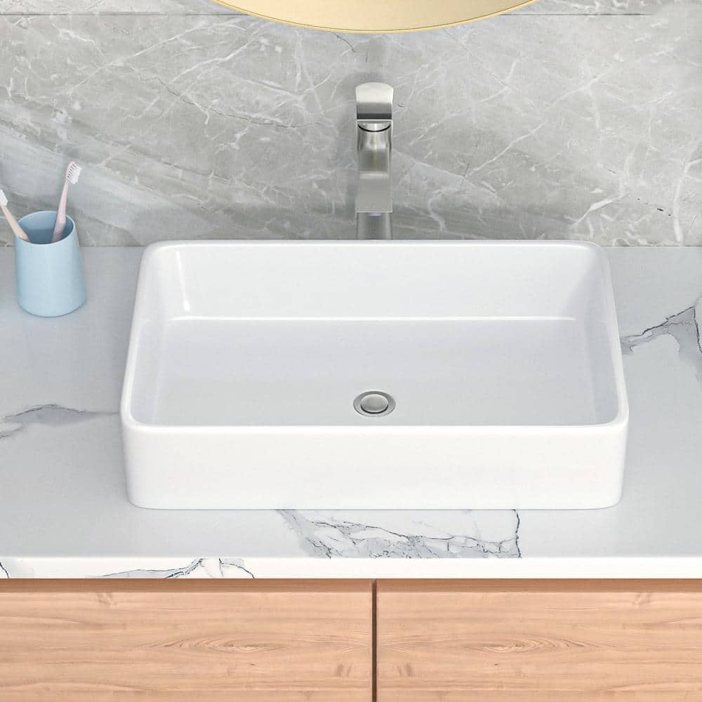 24" White Ceramic Rectangular Above-Counter Vessel Sink