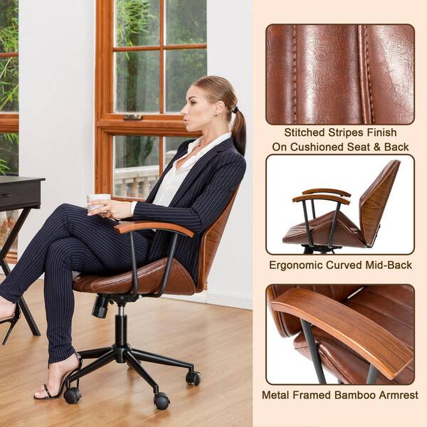 Glitzhome Russet Brown Oil Wax Faux Leather Adjustable Office Chair