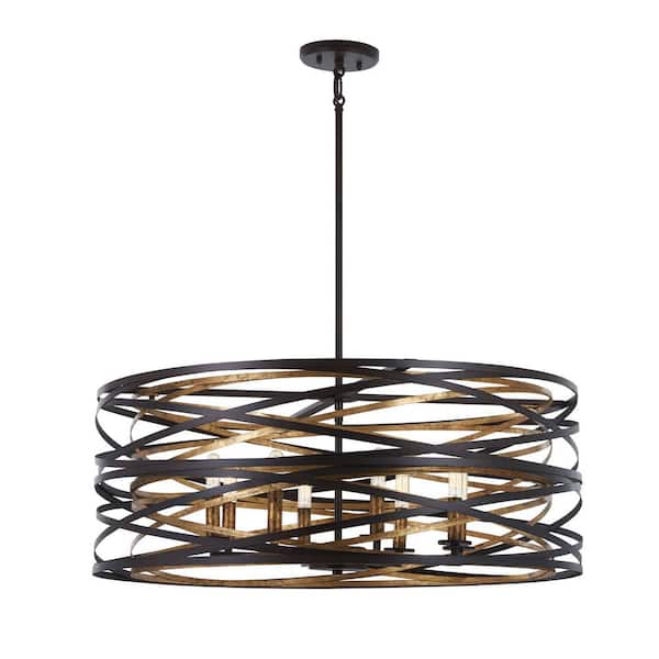 Vortic Flow 8-Light Dark Bronze with Mosaic Gold Interior Pendant