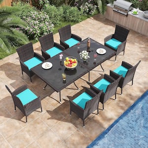 10-Piece Wicker Square Patio Outdoor Dining Set with Glass Tabletop and 1.5 in. Umbrella Hole, Blue Cushion
