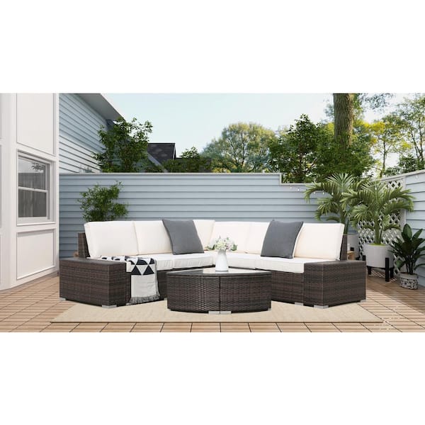 Tunearary Brown Handmade 6-Pieces All-Weather Wicker Outdoor Sectional Sofa with Beige Cushion and Glass Coffee Table