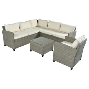 Gray 5-Piece Wicker Outdoor Patio Conversation Set with Beige Cushions