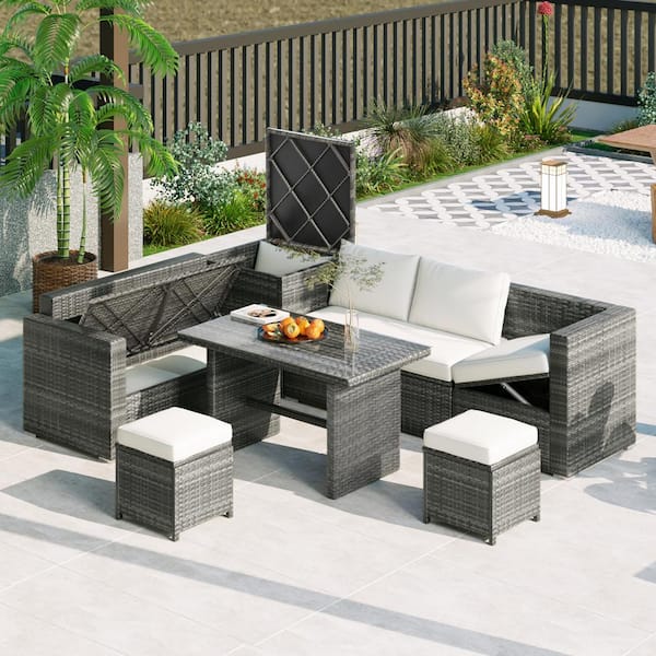 Unbranded 6-Piece Gray Wicker Outdoor Sectional Set with Beige Cushions and Storage Box