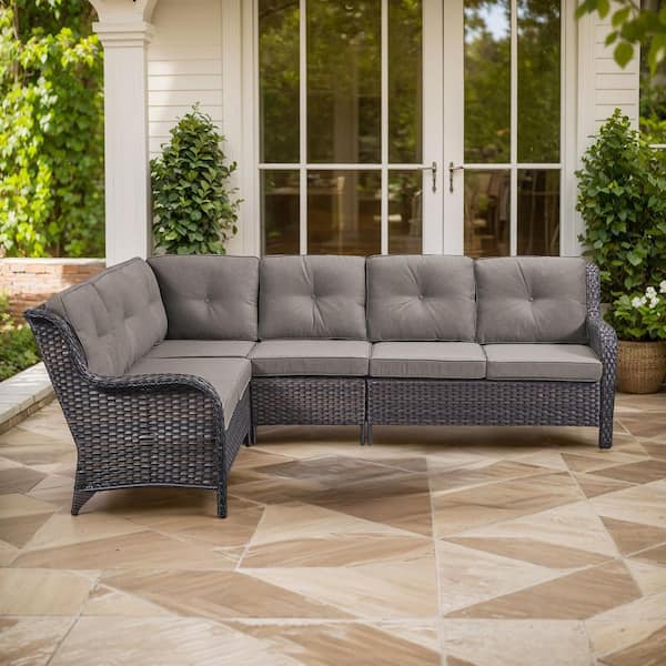 moosprr 2-Piece Brown Wicker Outdoor Sectional Set with Olefin Gray Cushions/L-Shaped Sofa for Patio Furniture
