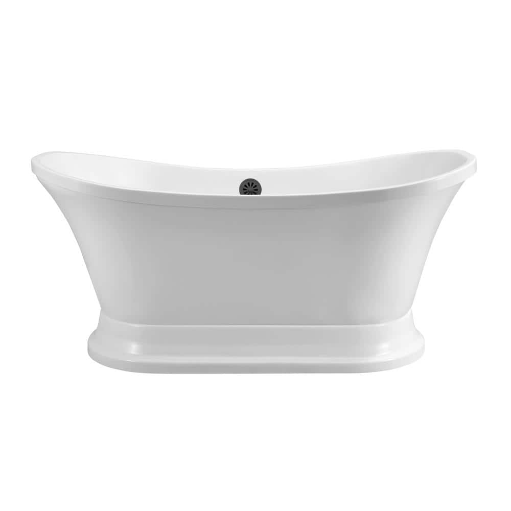 60" Glossy White Freestanding Acrylic Soaking Bathtub with Matte Black Drain