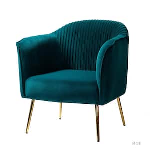 Auder Contemporary Teal Velvet Accent Barrel Chair with Ruched Design and Golden Legs