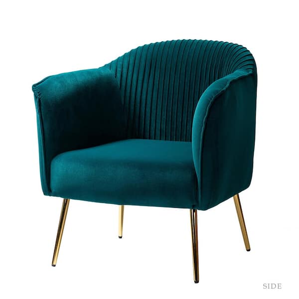 JAYDEN CREATION Auder Contemporary Teal Velvet Accent Barrel Chair with Ruched Design and Golden Legs