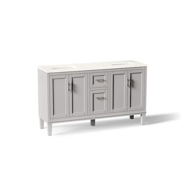 Chesil 60in. Double Sink Freestanding Atmos Grey Bath Vanity with Bianco Bella Quartz Top Assembled