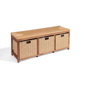 Brown Kid's Storage Bench with Woven Top and Baskets