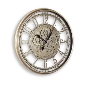 Champagne and Clear Analog Metal Round Wall Clock with Moving Gears and Standard Numbers