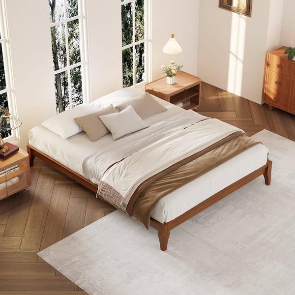 Harper & Bright Designs Brown 100% Solid Dry Bamboo Wood Frame Full Size Platform Bed with Additional Center Support Slats and Legs