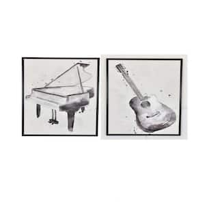 Black and White Natural Fiber Guitar and Piano Wooden Wall Art Painting (Set of 2)