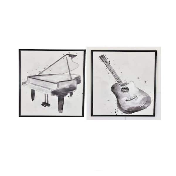 Benjara Black and White Natural Fiber Guitar and Piano Wooden Wall Art Painting (Set of 2)