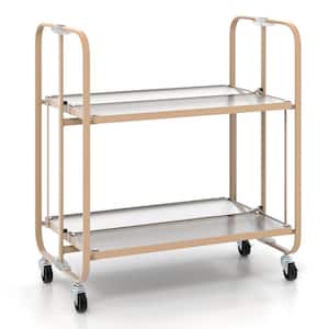 Golden Foldable 2-Tier Kitchen Cart Mobile Serving Cart with Tempered Glass Shelf