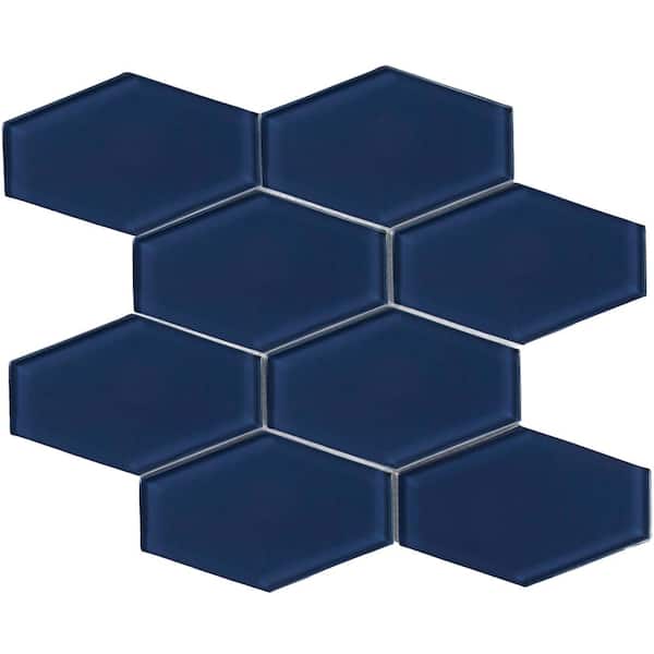 Long Hex 11 in. x 10.6 in. Deep Blue Gloss Glass Mesh-Mounted Mosaic Tile (9.02 sq. ft./Case)