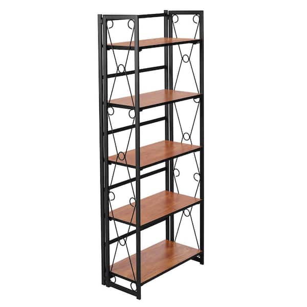 VECELO 5 Shelf Bookcase, No-Assembly Folding-Bookshelf, Industrial Standing Racks Study Organizer with Metal Frame ，Brown 1
