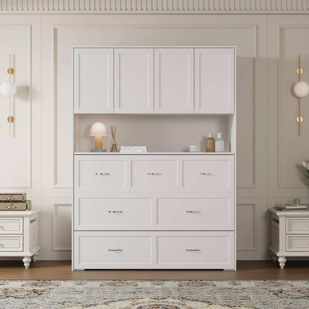 White Wood Frame Full Size Murphy Bed, Panel Bed with 3-Large Storage Shelves, Bed and Bookcase 2 in 1 - thumbnail 3