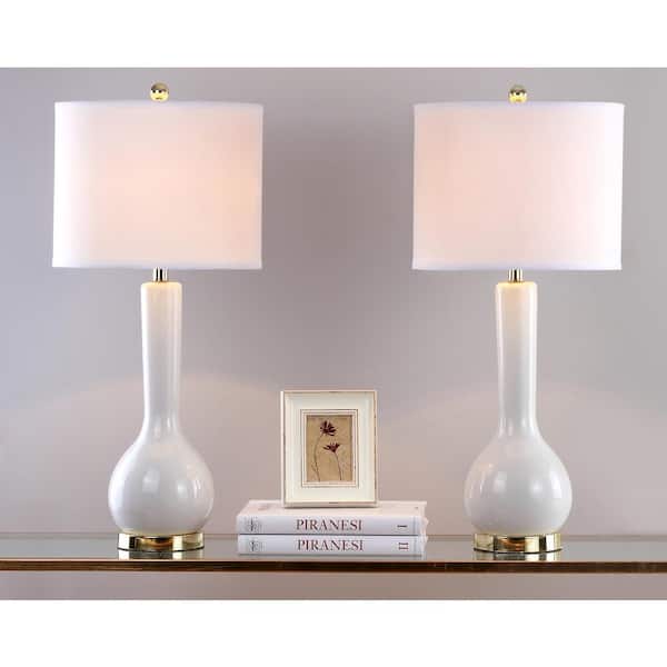 SAFAVIEH Mae 30.5 in. White Long Neck Ceramic Table Lamp with Off-White Shade (Set of 2)