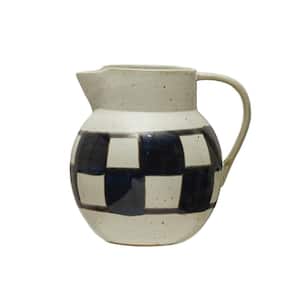 102 fl. oz. Ivory and Blue Stoneware Pitcher with Painted Checker Design