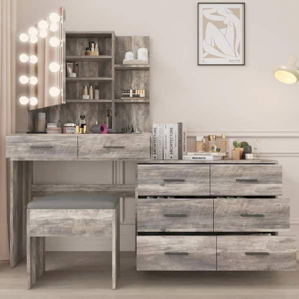 2-Piece Gray Makeup Vanity Set with Combination Cabinet