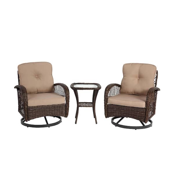 Sudzendf 3-Piece Wicker Patio Conversation Set with Khaki Cushions, Swivel Rocker Patio Chairs and Glass Coffee Table