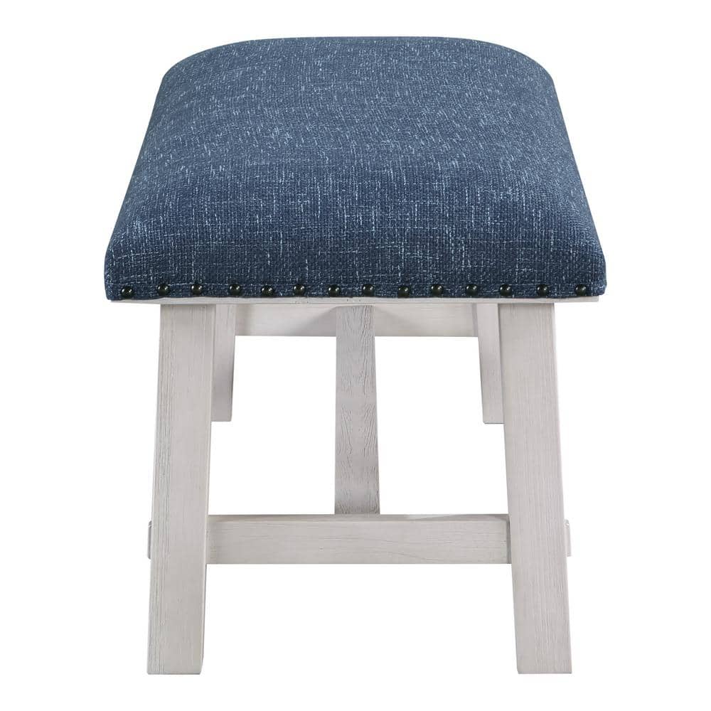 Navy Blue Polyester Upholstered Bench with Wood Frame and Bronze Nailhead Trim