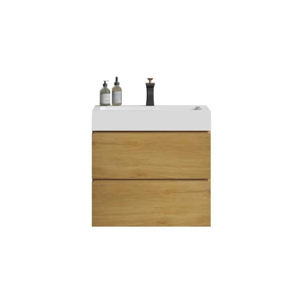 Unbranded 24 in. W x 18 in. D x 25 in. H Single Sink Wall-Mounted Bath Vanity in Natural Oak with White Cultured Marble Top