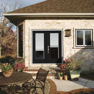 72 in. x 80 in. Black Painted Steel Right-Hand Inswing Full Lite Glass Stationary/Active Patio Door w/Blinds