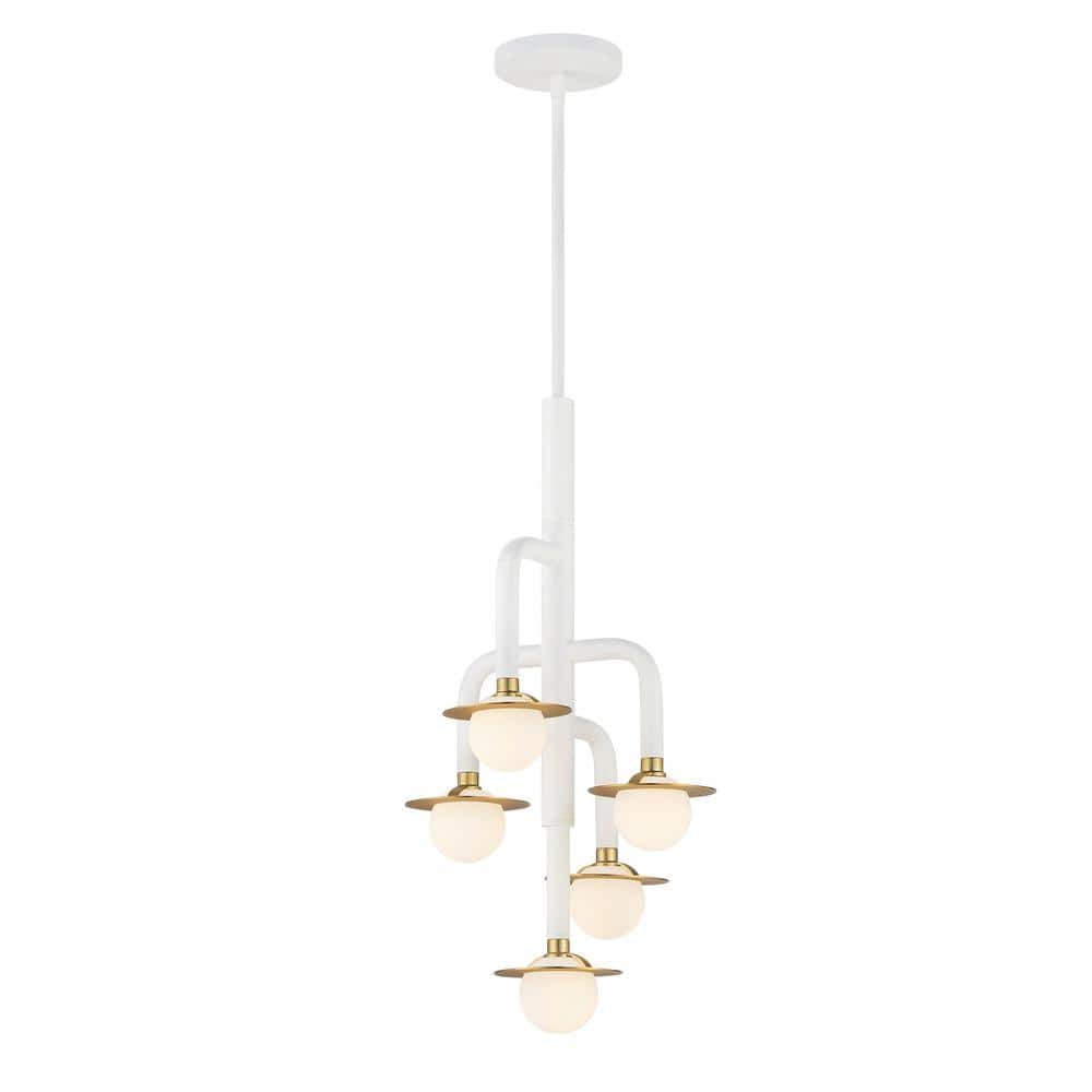 Tubular Matte White and Honey Gold LED Pendant with Etched Opal Glass