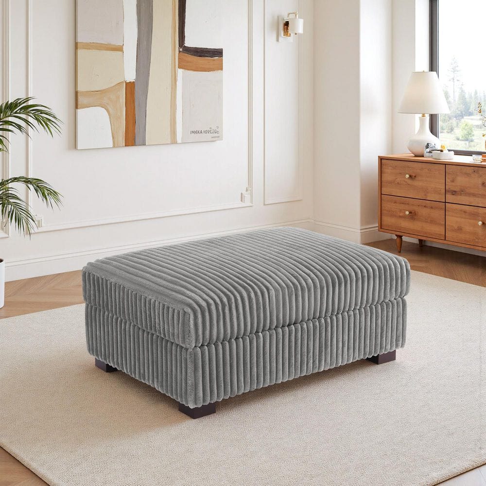 Uixe Light Gray Faux Rabbit Fur Polyester Rectangle Accent Ottoman