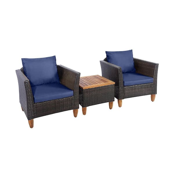 3 Pieces Outdoor Rattan Furniture Set Wicker Bistro Set Wooden Table Top with Navy Cushions