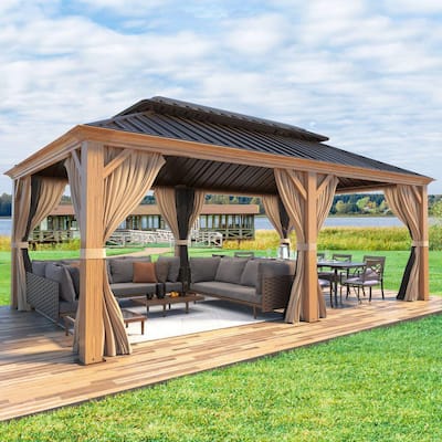 12 ft. x 20 ft. Hardtop Metal Gazebo, Wooden Finish Coated Aluminum Frame Gazebo with Galvanized Steel Double Roof