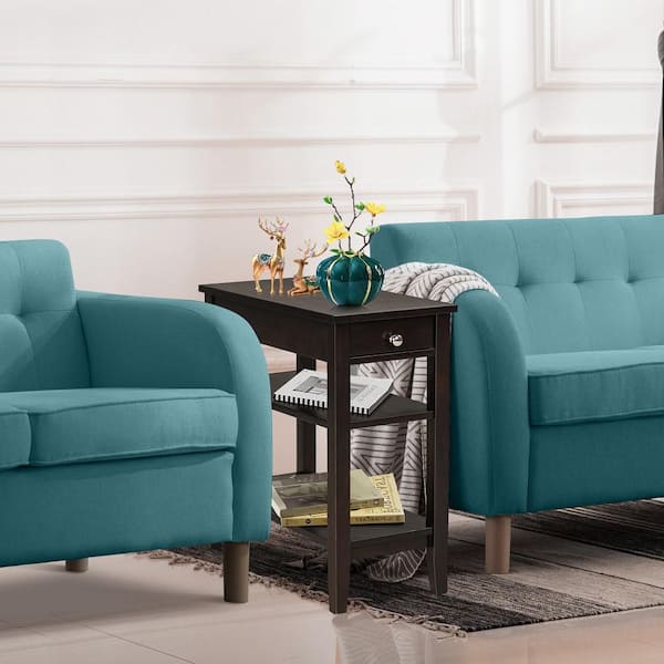 11.5 in. Brown End Table Sofa Side Table with Drawer Double Shelf Narrow Nightstand for Living Room and Bedroom