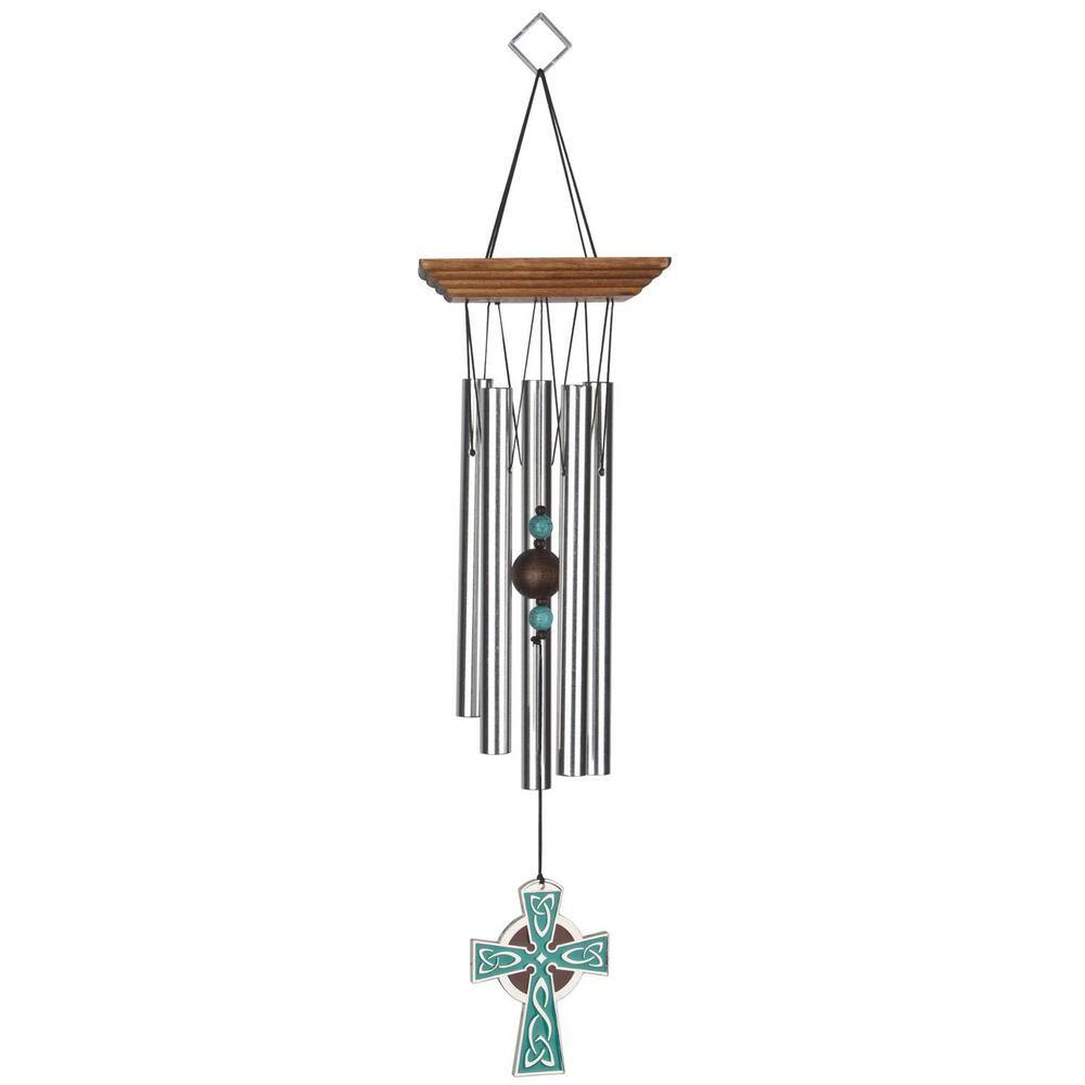 Teak Finish Pine and Silver Celtic Cross Wind Chime