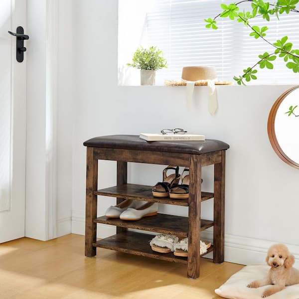 24 in. Vintage Adjustable Height Shoe Bench with Storage-Rubberwood Frame, PU Leather Seat, Bedroom Bench