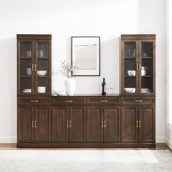 Stanton Coffee Engineered Wood 95 in. 3-Piece Sideboard and Pantry with Glass Doors