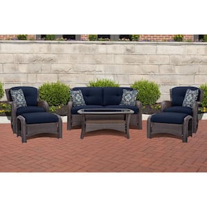 Corrolla 6-Piece Wicker Patio Conversation Set with Plush Navy Cushions, Loveseat, Coffee Table, 2 Chairs, 2 Ottomans
