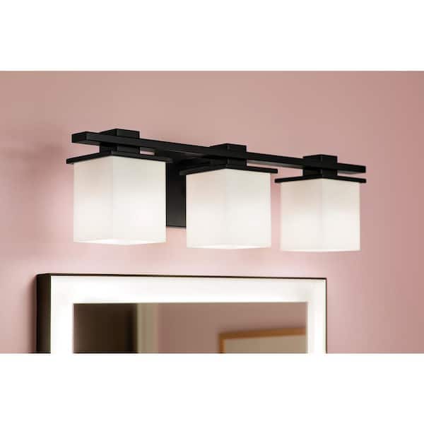 KICHLER Tully 24 in. 3-Light Black Soft Modern Bathroom Vanity Light with Satin Etched Cased Opal Glass