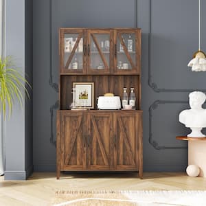 39.3 in. W x 7.87 in. D x 70.87 in. H Brown Linen Cabinet with Glass Doors and Open Shelves for Living Room Kitchen