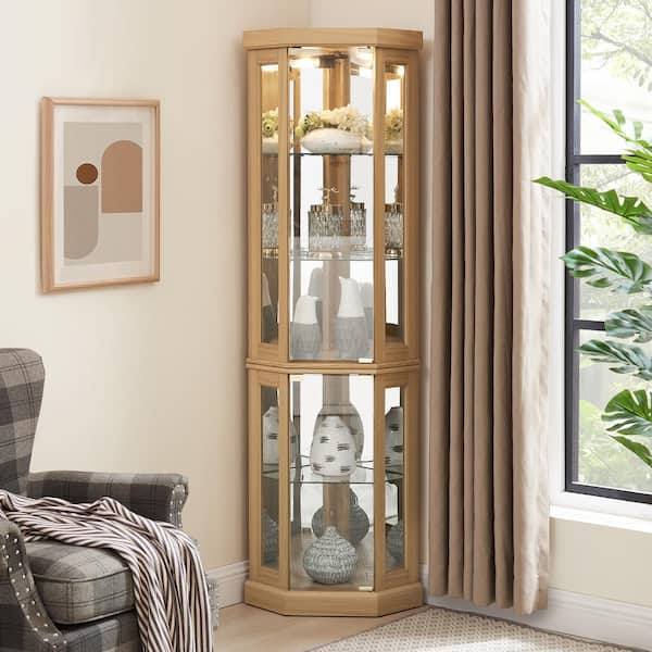 Unbranded 12-Bottle Light Oak Wine Rack Corner Glass Cabinet Lighted Curio Cabinet Corner Display Case for Living Room