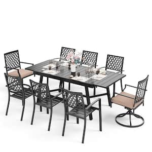 9-Piece Metal Outdoor Dining Set with Extensible Rectangular Slat Table and Elegant Swivel Chairs with Beige Cushions