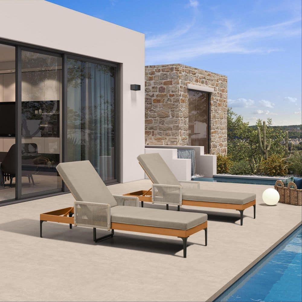 2-Piece Aluminum Outdoor Chaise Lounge Patio Lounge Chair with Sunbrella Taupe Cushion and Armrest