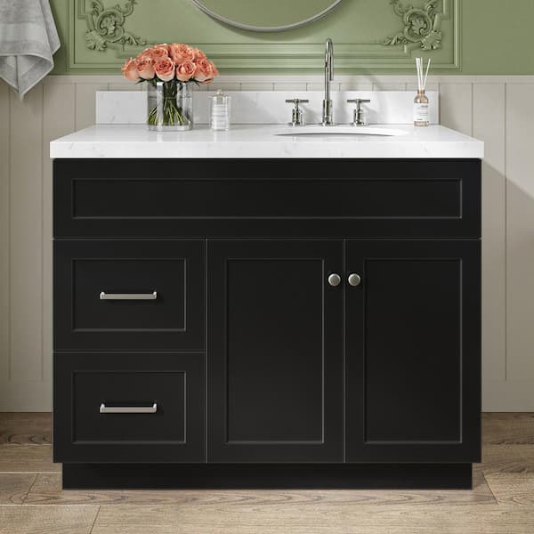 ARIEL Hamlet 42.25 in. W x 22 in. D x 36 in. H Single Sink Freestanding Bath Vanity in Black with Carrara Quartz Top