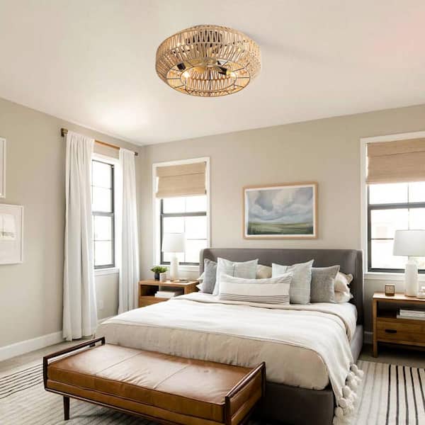 22 in. Indoor/Outdoor Brown Hemp Rope Small Caged Ceiling Fan with Light Kit and Remote Control