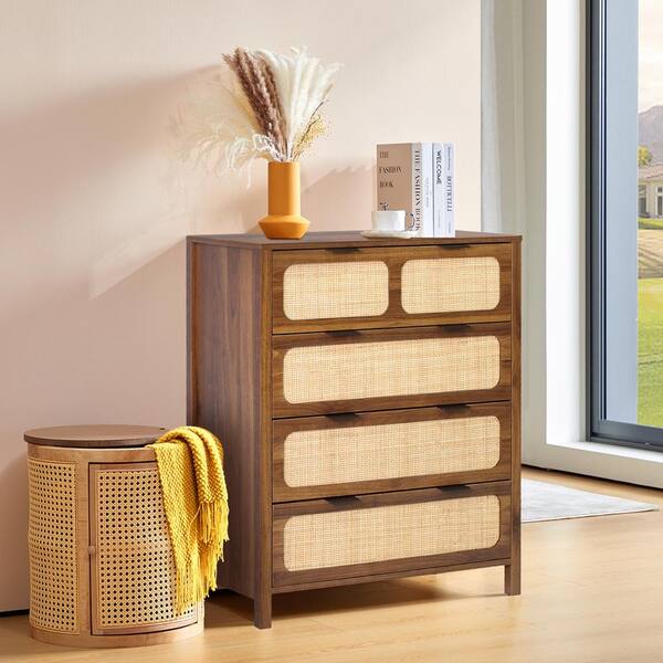 ATHMILE Walnut Wooden Rattan 4-Drawer Storage Cabinet