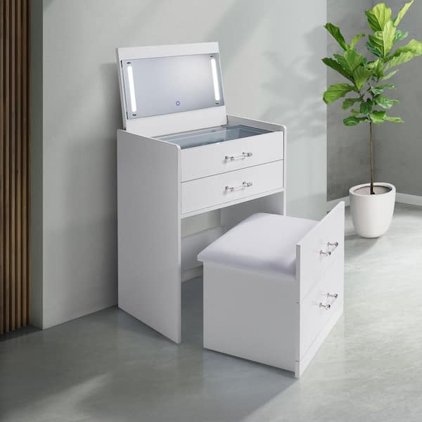 Aurora Glossy White 3 24 in. Mini Dressing Table with Mirror, Stool, LED and USB