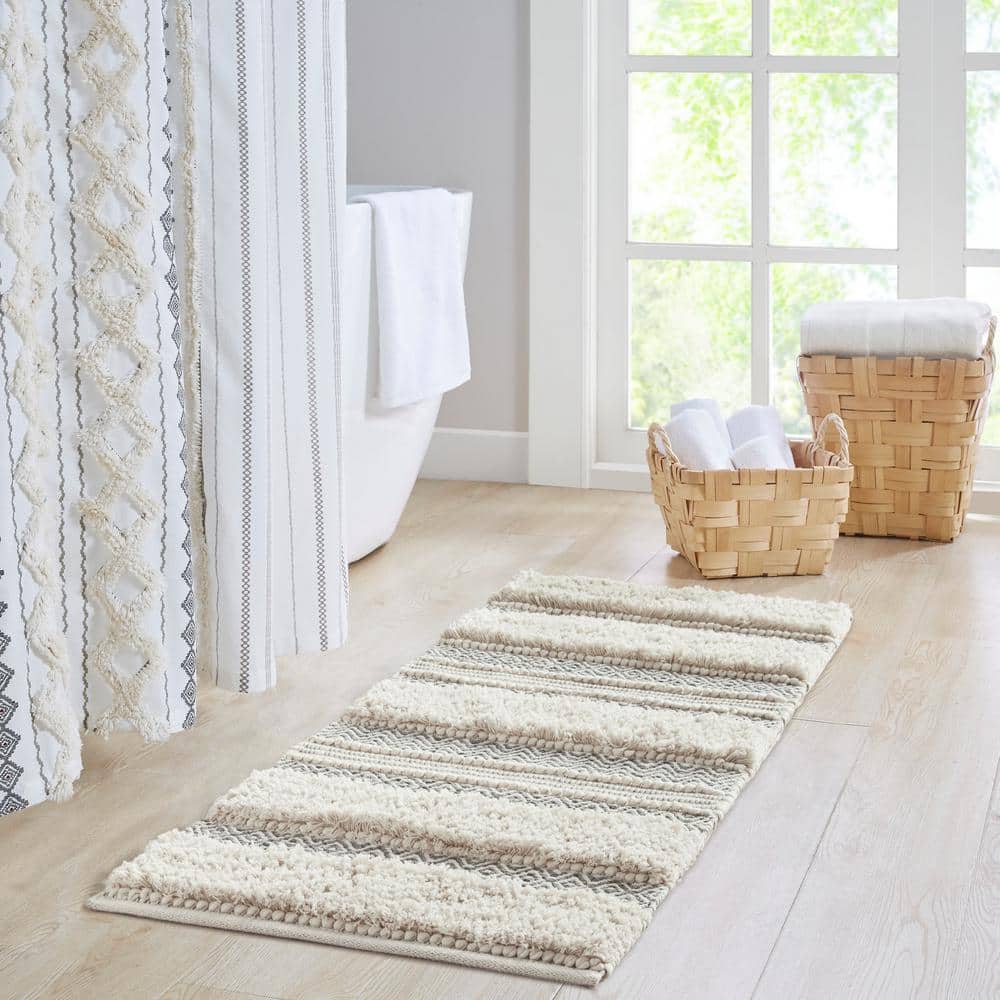 Asher Natural and Gray Cotton Blend Striped Bath Rug