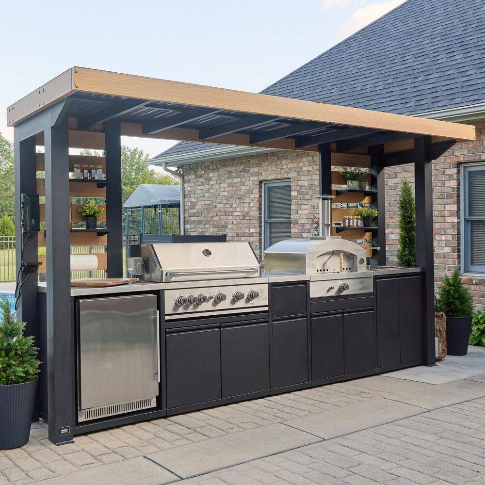Fusion Flame 2 5-Burner Propane Gas Grill Island Outdoor Kitchen in Black Galvanized Steel with Pizza Oven, Refrigerator price history on PriceWatchPro